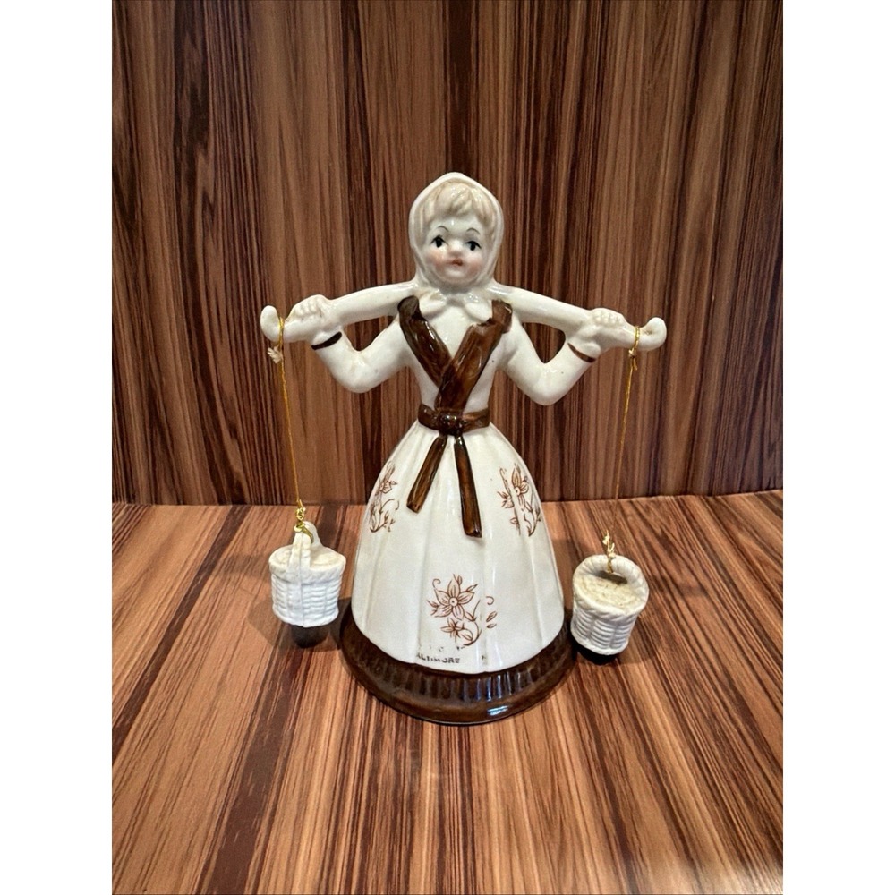 Vintage Lefton Taiwan Dutch Girl Figurine Carrying Hanging Baskets Ceramic 7"